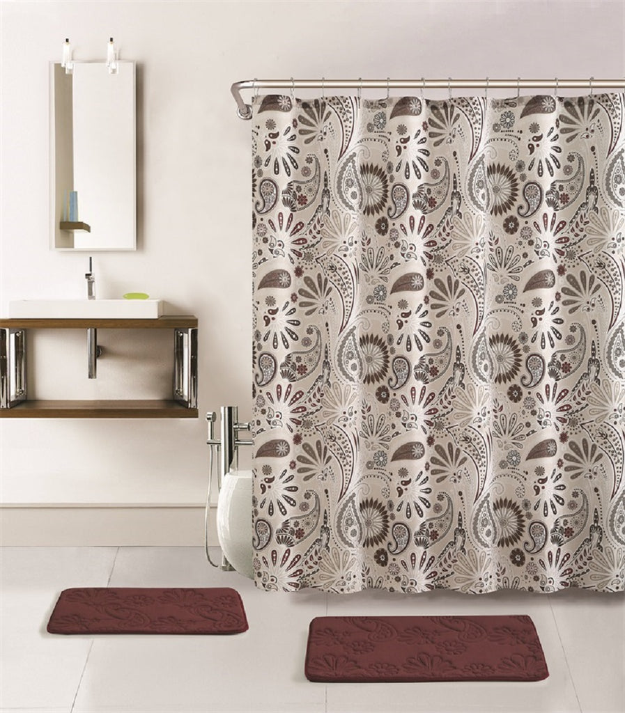 15 Piece Bathroom Shower Curtain Set with Matching Memory Foam