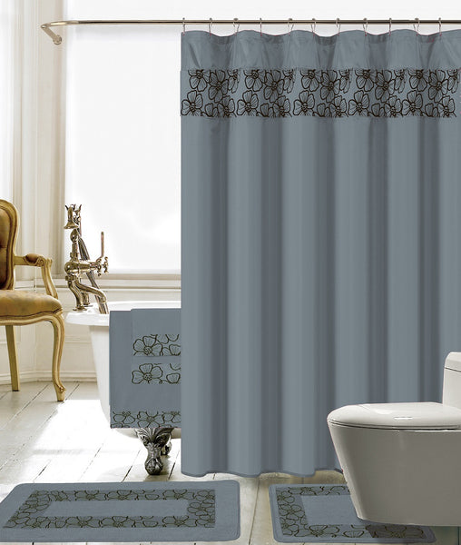 18PC Lillian Embroidery Shower Curtain Set